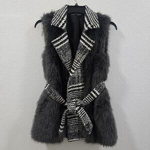 Chic Women’s Faux Fur Vest – Black & White Houndstooth Belted Long Sleeveless...